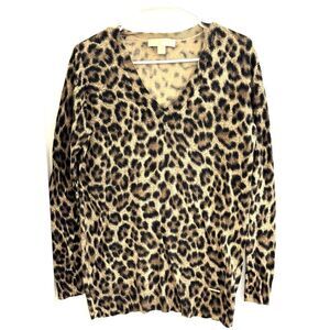 Michael Kors Medium Cotton Blend V-neck Leopard Print Sweater SZ M GUC